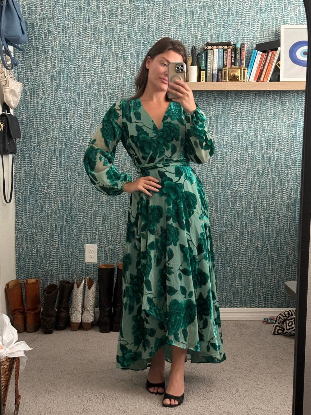 Hutch Green Floral Velvet Burnout Maxi Wrap Dress - Picture 2 of 4